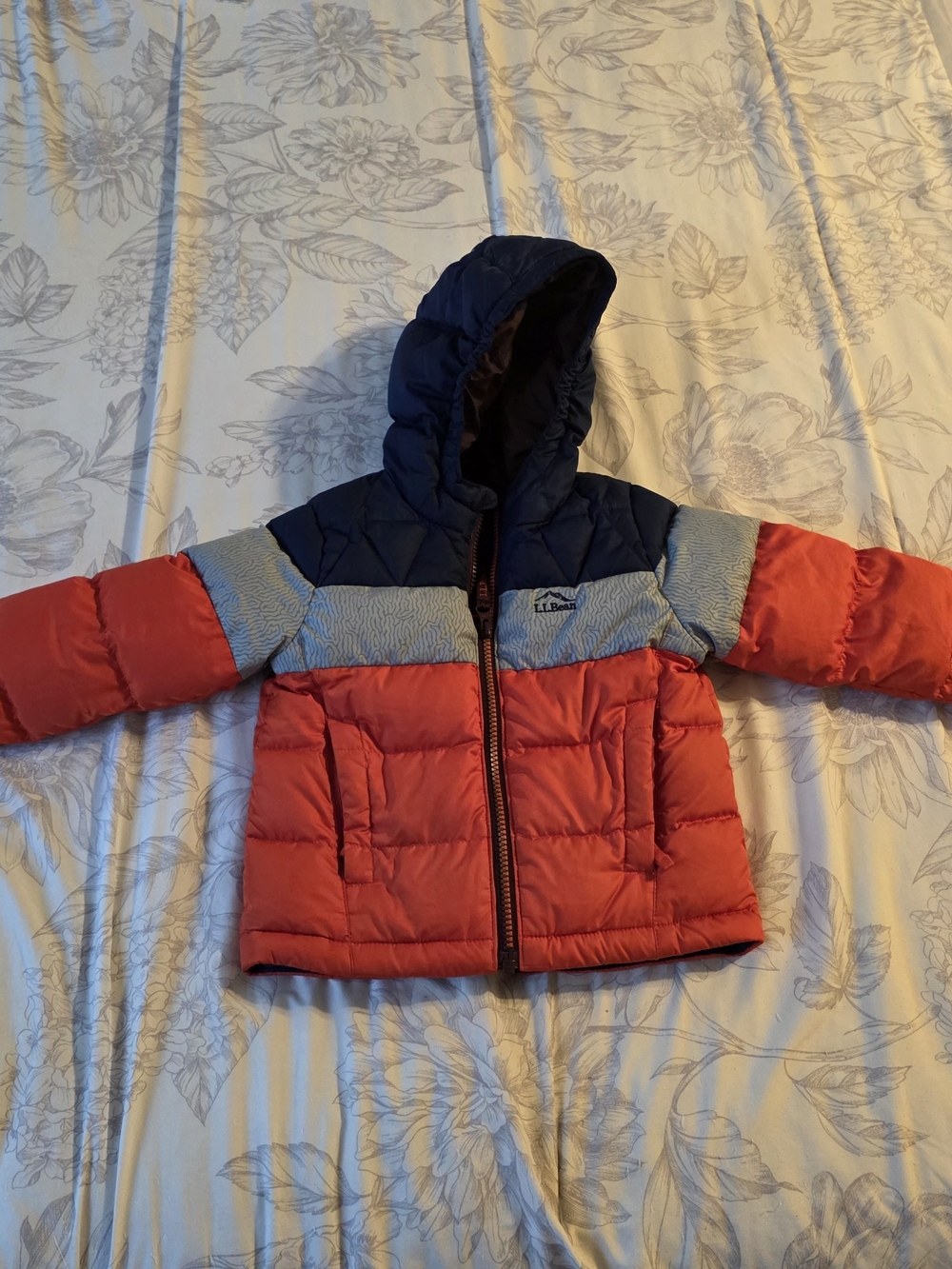 L.L. Bean Kids Colorblock Hooded Puffer Jacket - Red, Navy & Gray